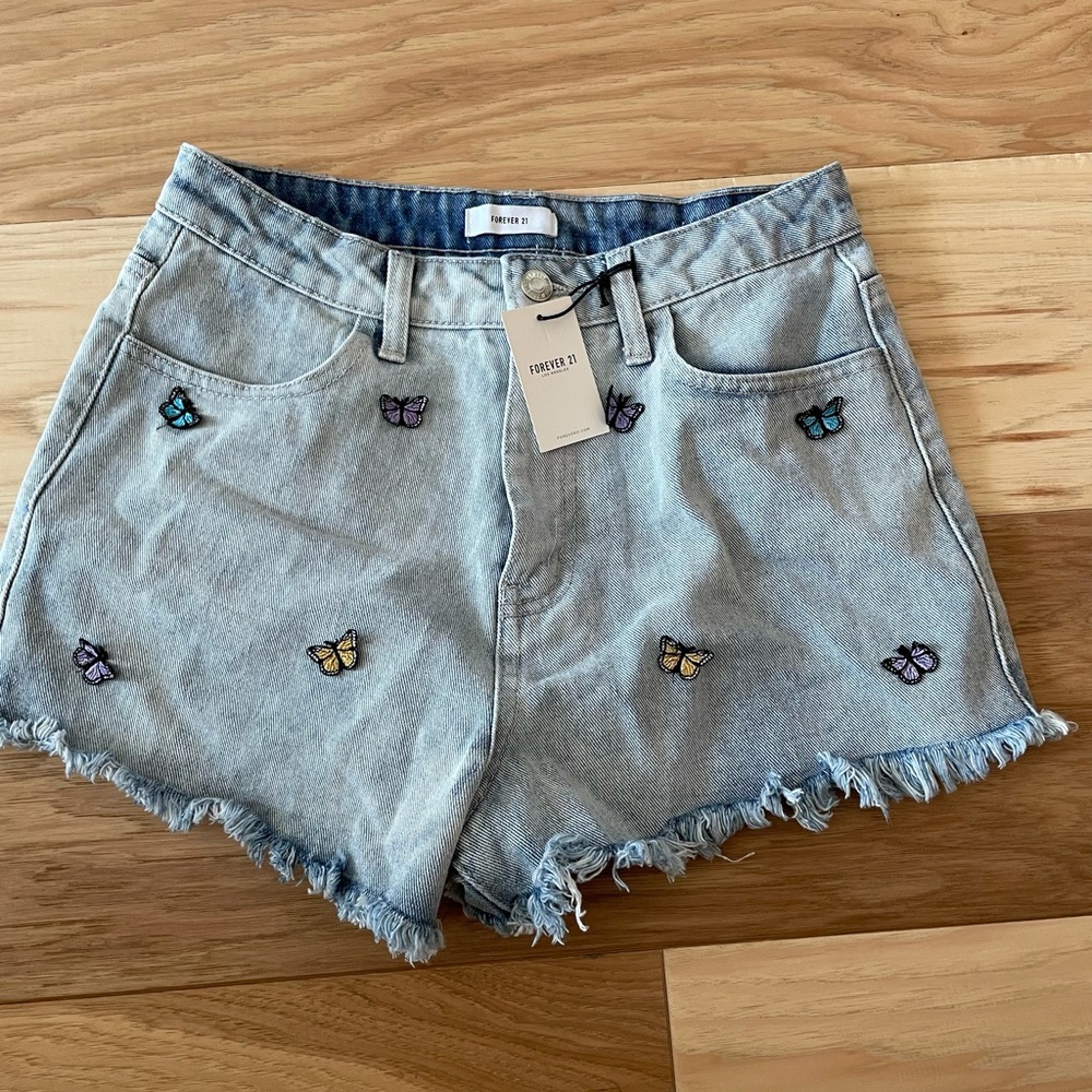 Forever 21 Light Blue Denim Jean Shorts with Multicolor Butterfly Embroidery